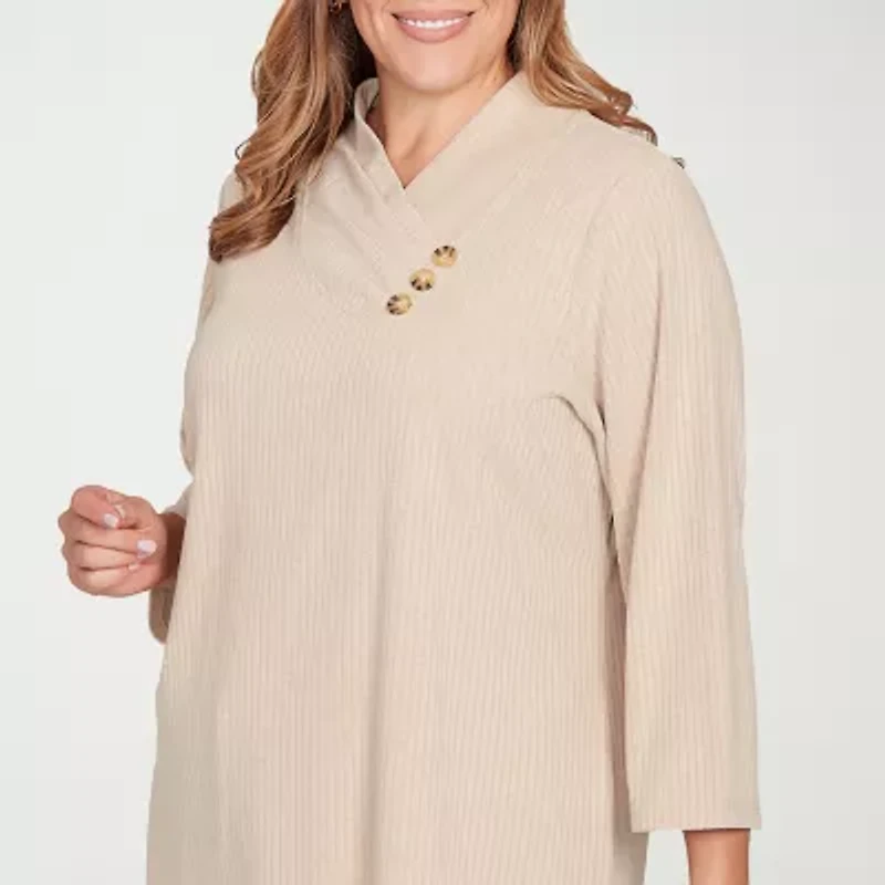 Hearts Of Palm Plus Womens Asymmetrical Neck Long Sleeve Tunic Top