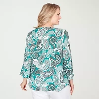 Hearts Of Palm Womens Plus Keyhole Neck 3/4 Sleeve Embellished Peasant Top