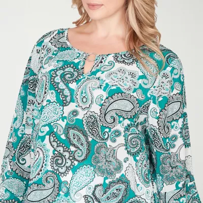 Hearts Of Palm Womens Plus Keyhole Neck 3/4 Sleeve Embellished Peasant Top