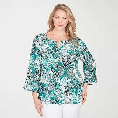 Hearts Of Palm Womens Plus Keyhole Neck 3/4 Sleeve Embellished Peasant Top