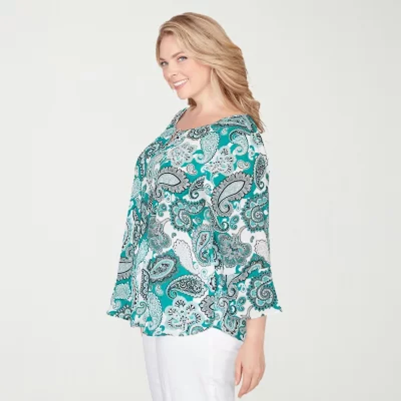 Hearts Of Palm Womens Plus Keyhole Neck 3/4 Sleeve Embellished Peasant Top