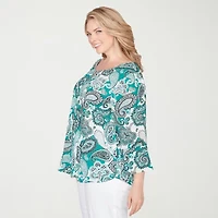 Hearts Of Palm Womens Plus Keyhole Neck 3/4 Sleeve Embellished Peasant Top