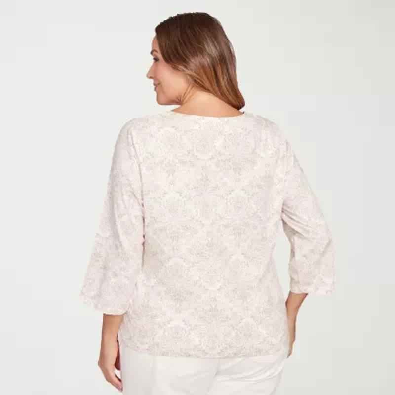 Hearts Of Palm Womens Plus Keyhole Neck 3/4 Sleeve T-Shirt