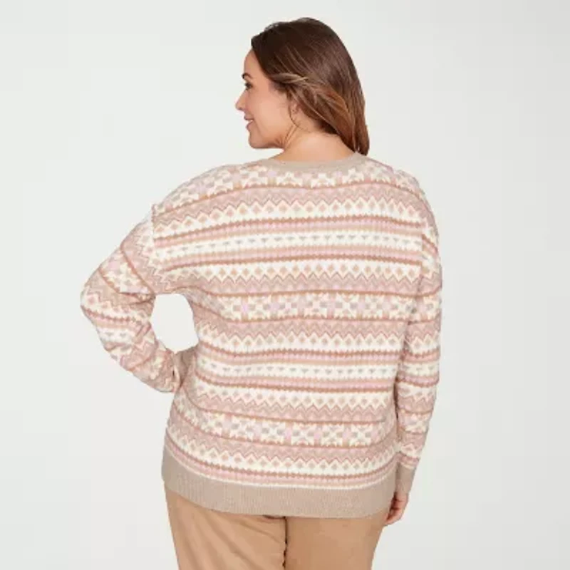 Hearts Of Palm Plus Womens V Neck Long Sleeve Jacquard Pullover Sweater