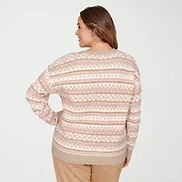 Hearts Of Palm Plus Womens V Neck Long Sleeve Jacquard Pullover Sweater