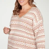 Hearts Of Palm Plus Womens V Neck Long Sleeve Jacquard Pullover Sweater