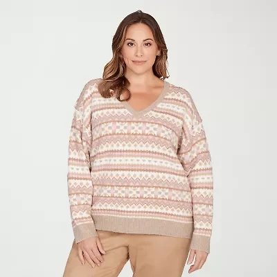 Hearts Of Palm Plus Womens V Neck Long Sleeve Jacquard Pullover Sweater