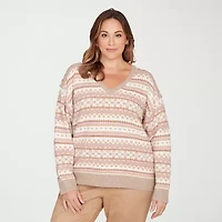 Hearts Of Palm Plus Womens V Neck Long Sleeve Jacquard Pullover Sweater