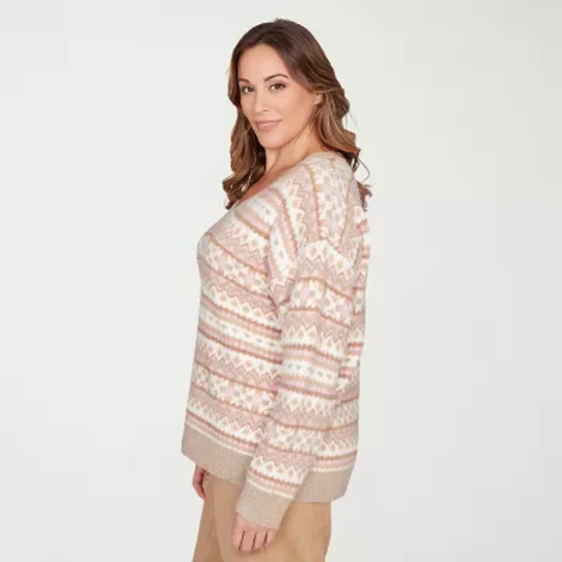 Hearts Of Palm Plus Womens V Neck Long Sleeve Jacquard Pullover Sweater