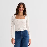 Arizona Womens Juniors Square Neck Long Sleeve Layered Top