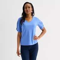 Liz Claiborne Womens V Neck Elbow Sleeve Blouse