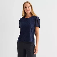Liz Claiborne Womens Crew Neck Short Sleeve Lace Blouse