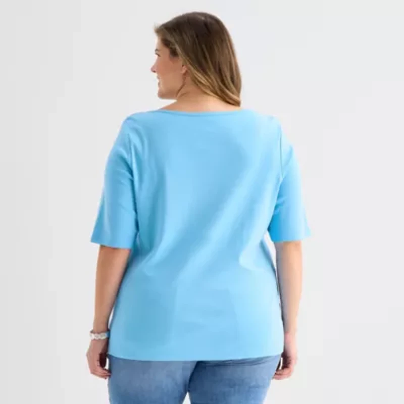 St. John's Bay Womens Plus Boat Neck 3/4 Sleeve T-Shirt