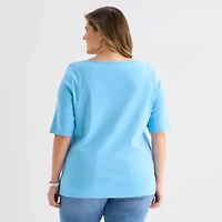 St. John's Bay Womens Plus Boat Neck 3/4 Sleeve T-Shirt