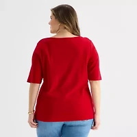 St. John's Bay Womens Plus Boat Neck 3/4 Sleeve T-Shirt