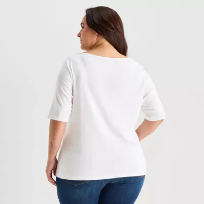 St. John's Bay Womens Plus Boat Neck 3/4 Sleeve T-Shirt