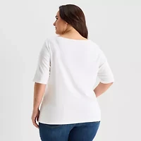 St. John's Bay Womens Plus Boat Neck 3/4 Sleeve T-Shirt