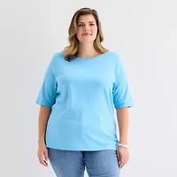 St. John's Bay Womens Plus Boat Neck 3/4 Sleeve T-Shirt
