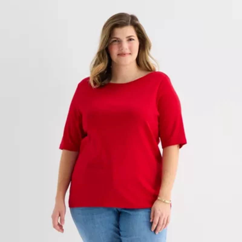 St. John's Bay Womens Plus Boat Neck 3/4 Sleeve T-Shirt