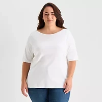 St. John's Bay Womens Plus Boat Neck 3/4 Sleeve T-Shirt