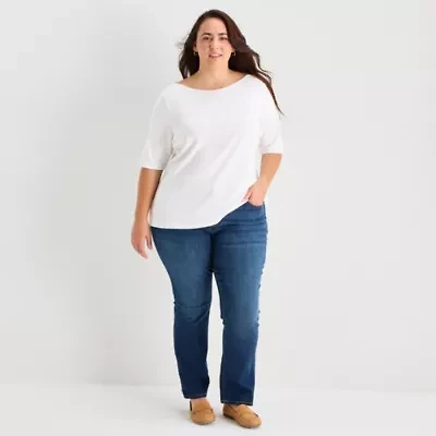 St. John's Bay Womens Plus Boat Neck 3/4 Sleeve T-Shirt