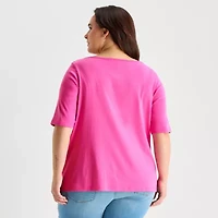 St. John's Bay Womens Plus Easy-on + Easy-off Boat Neck Short Sleeve Adaptive T-Shirt