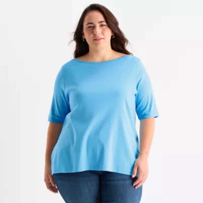 St. John's Bay Womens Plus Easy-on + Easy-off Boat Neck Short Sleeve Adaptive T-Shirt