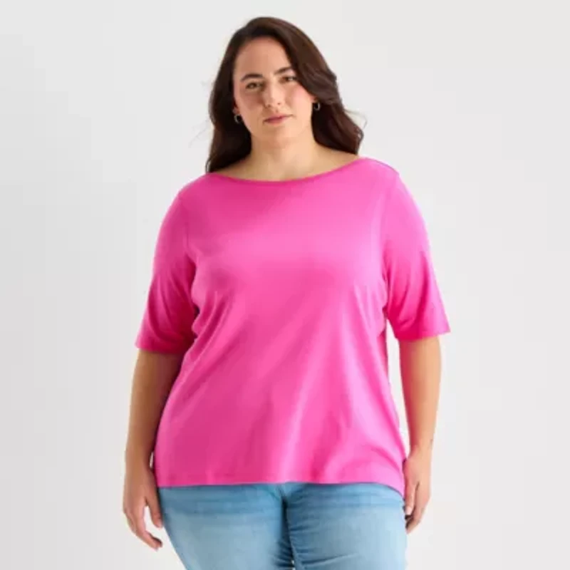 St. John's Bay Womens Plus Easy-on + Easy-off Boat Neck Short Sleeve Adaptive T-Shirt