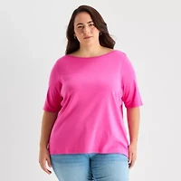 St. John's Bay Womens Plus Easy-on + Easy-off Boat Neck Short Sleeve Adaptive T-Shirt