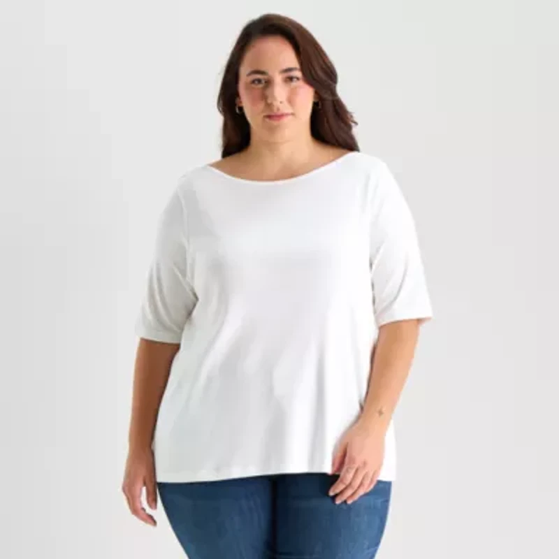 St. John's Bay Womens Plus Easy-on + Easy-off Boat Neck Short Sleeve Adaptive T-Shirt