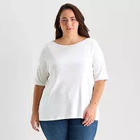 St. John's Bay Womens Plus Easy-on + Easy-off Boat Neck Short Sleeve Adaptive T-Shirt