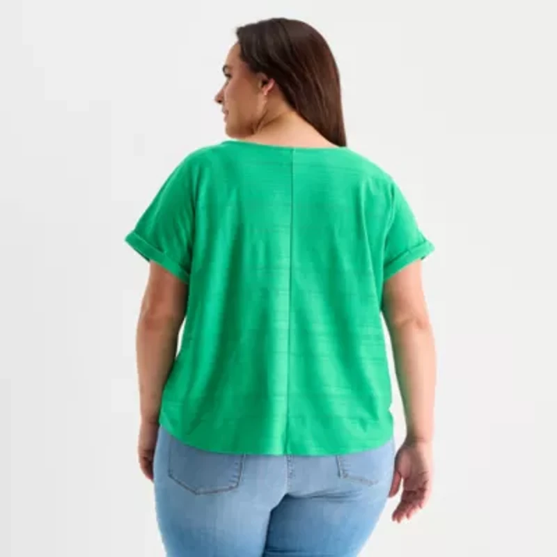 St. John's Bay Womens Plus V Neck Textured Short Sleeve Blouse