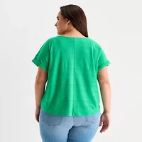 St. John's Bay Womens Plus V Neck Textured Short Sleeve Blouse