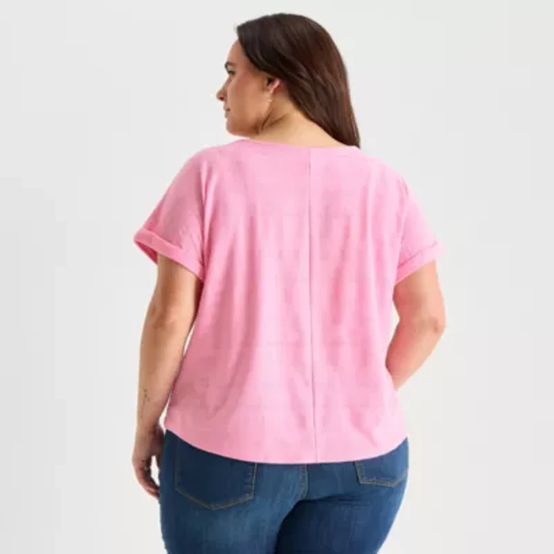 St. John's Bay Womens Plus V Neck Textured Short Sleeve Blouse