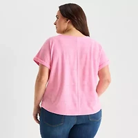 St. John's Bay Womens Plus V Neck Textured Short Sleeve Blouse