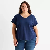 St. John's Bay Womens Plus V Neck Short Sleeve Blouse