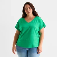 St. John's Bay Womens Plus V Neck Textured Short Sleeve Blouse