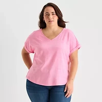 St. John's Bay Womens Plus V Neck Textured Short Sleeve Blouse