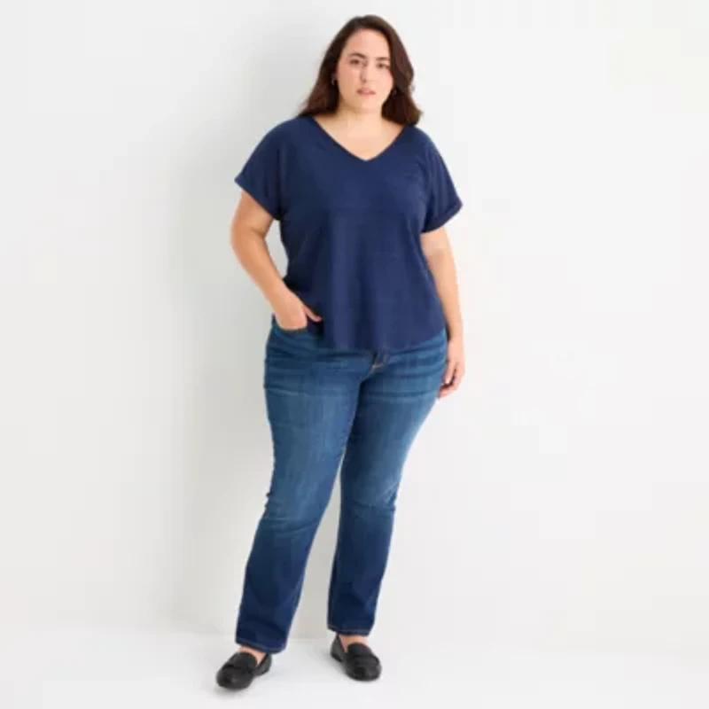 St. John's Bay Womens Plus V Neck Short Sleeve Blouse