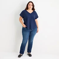 St. John's Bay Womens Plus V Neck Short Sleeve Blouse