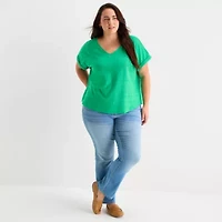 St. John's Bay Womens Plus V Neck Textured Short Sleeve Blouse