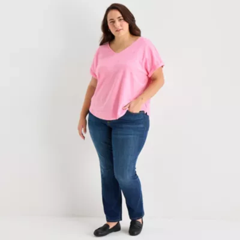 St. John's Bay Womens Plus V Neck Textured Short Sleeve Blouse