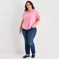 St. John's Bay Womens Plus V Neck Textured Short Sleeve Blouse