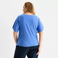 Liz Claiborne Womens Plus V Neck Short Sleeve Blouse