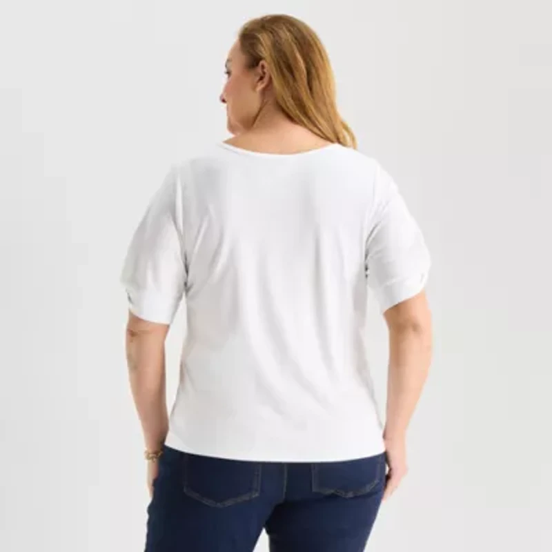 Liz Claiborne Womens Plus V Neck Short Sleeve Blouse