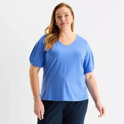 Liz Claiborne Womens Plus V Neck Short Sleeve Blouse