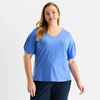 Liz Claiborne Womens Plus V Neck Short Sleeve Blouse