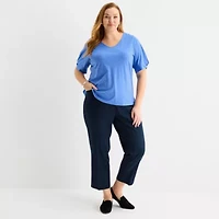 Liz Claiborne Womens Plus V Neck Short Sleeve Blouse