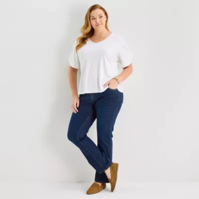 Liz Claiborne Womens Plus V Neck Short Sleeve Blouse