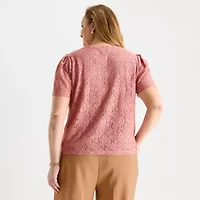 Liz Claiborne Womens Plus Crew Neck Short Sleeve Lace Blouse